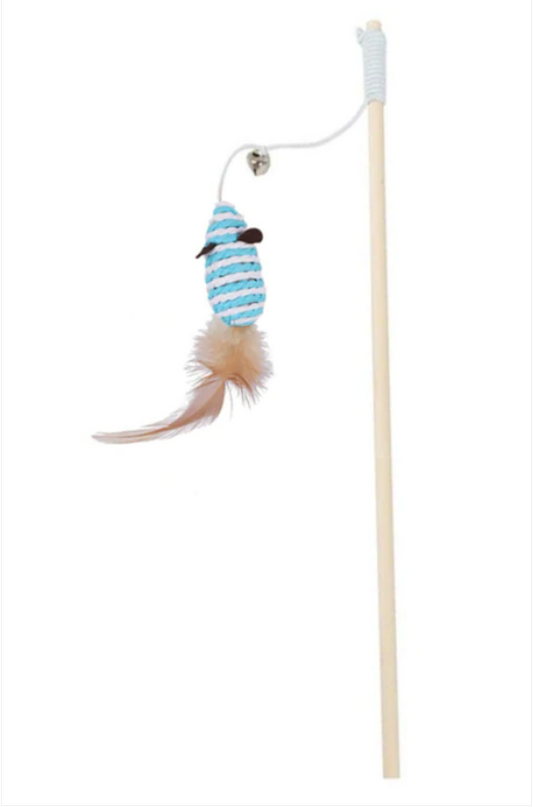 Pet Cat Tease Toy Wooden Stick with Mouse 40 cm Assorted Colours