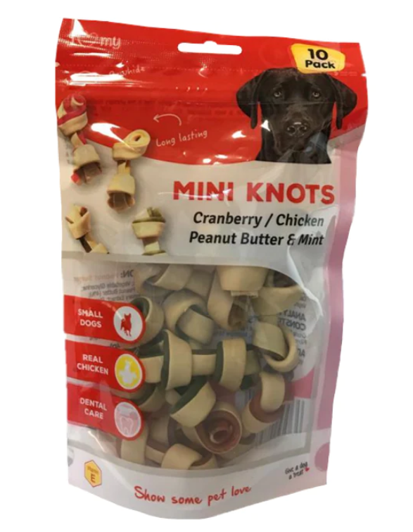 Pet Dog Treats Mini Knots Cranberry, Chicken, Peanut Butter & Mint 10 Pack