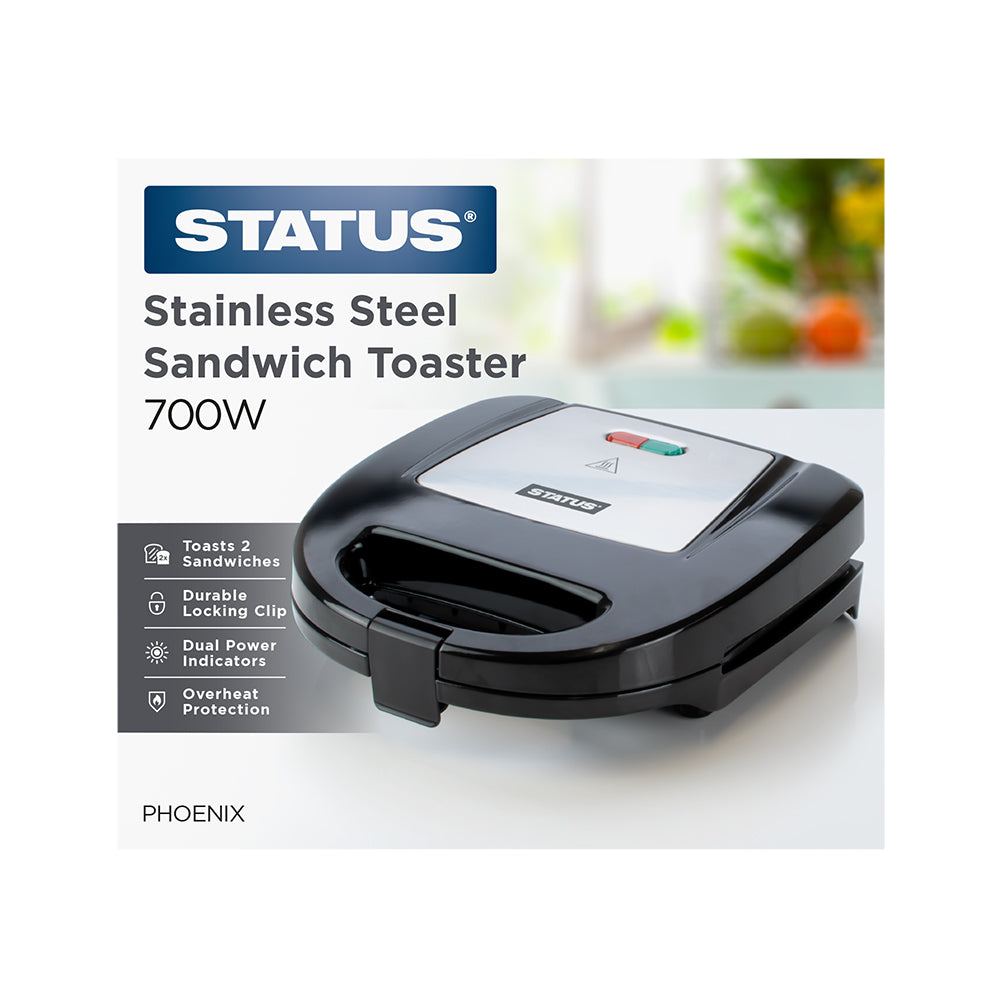 Phoenix - Brushed Stainless Steel/Black - 700w - Sandwich Toaster - 2 Plate - Non Stick - Cool Wall - 1 pk - in Glossy Retail Box