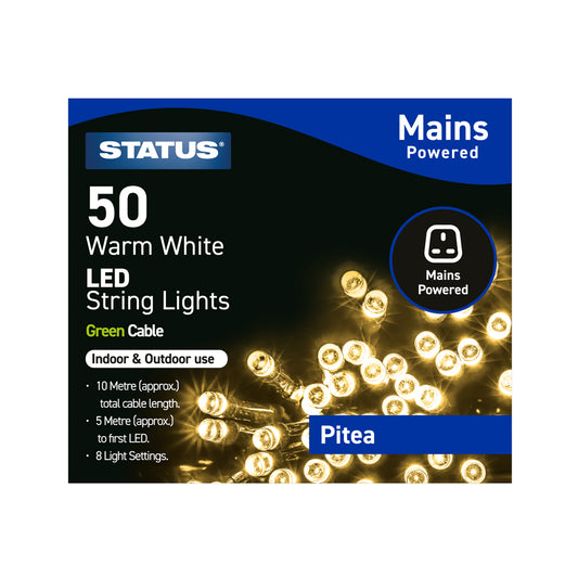 Pitea - 50 - Warm White - LED - Indoor/Outdoor - Mains Powered - String Lights - 8 Functions - Green Cable - 10 Metre Total Cable Length - 5 Metres To First LED Light - IP44 (Light Chain Only) - 1 Pack Glossy Box