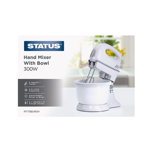Pittsburgh - White - 300w - Hand Mixer and Bowl - 5 Speed + Turbo - Stainless Steel Beaters and Dough Hooks - Detachable Hand Mixer - 1 pk - in Glossy Retail Box