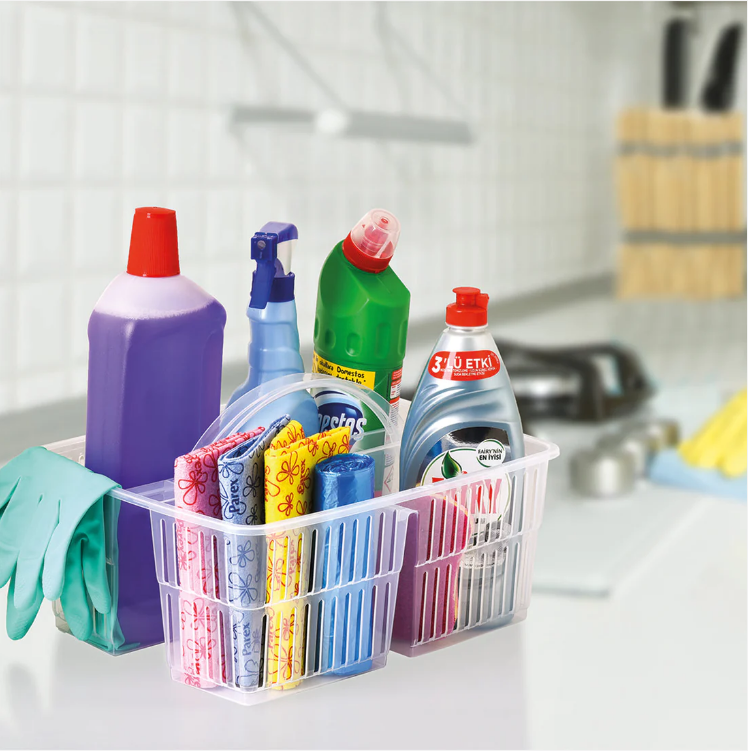 Plastart Kitchen Sink Divided Organiser Basket With Handle Assorted Colours 7.3L 26 x 34 x 21 cm