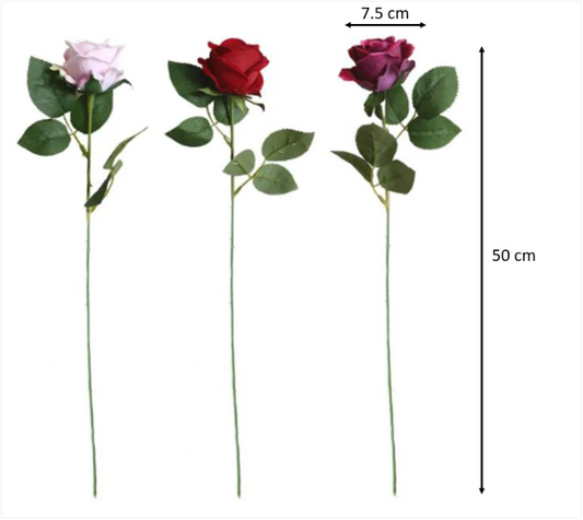 Plastic Artificial Fake Roses Flowers Single Stem Velvet Petals 50 cm Assorted Colours