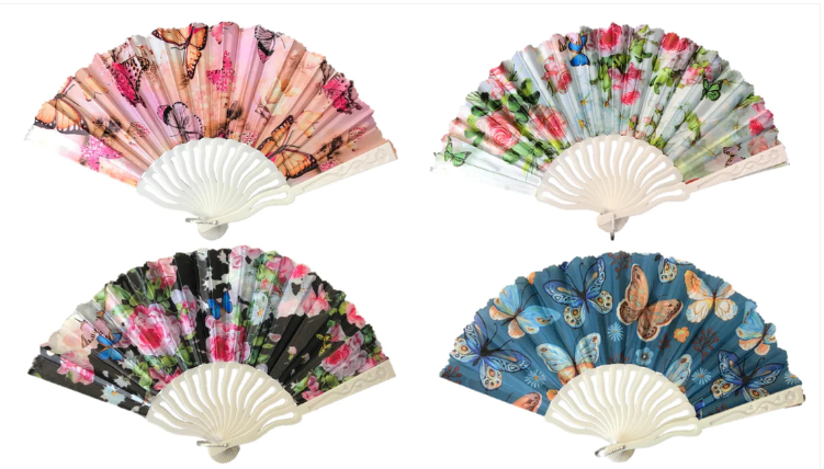 Plastic Chinese Folding Hand Fan Butterfly Floral Design 23 x 38 cm