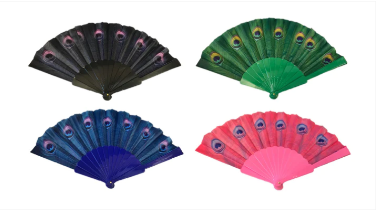 Plastic Chinese Folding Hand Fan Printed Peacock Feather Design 23 x 38 cm