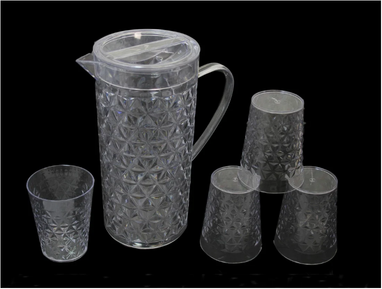 Plastic Clear Crystal Cut Drinking Water Jug With 4 Glasses Party Serving Drink Set