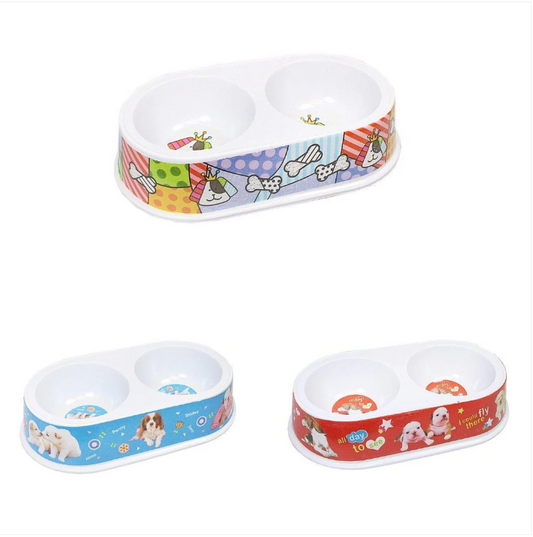 Plastic Dog Cat Feeding Bowl Assorted Colour With Printed Design Pets 21cm x 8cm