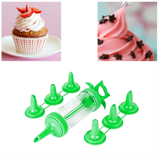 Plastic Icing Tube With 6 Nozzles Attached In Green