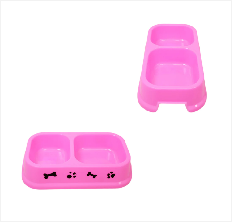 Plastic Indoor Outdoor Pets Cats Dog Feeding Bowl 2 Section Mixed Colours 22 x 6cm