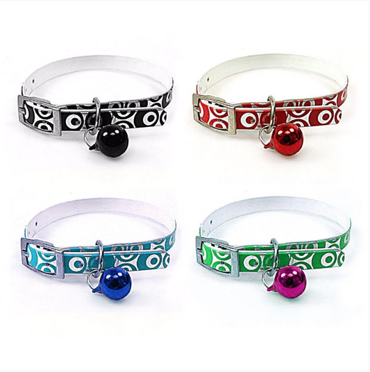 Plastic Metallic Printed Assorted Colour Dog Pet Collar With Bell 32cm