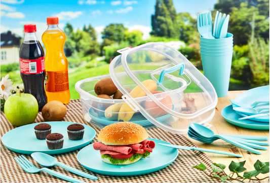 Plastic Picnic Camping Party Dinner Plate Mug Cutlery Storage Box Set of 32 Assorted Colours