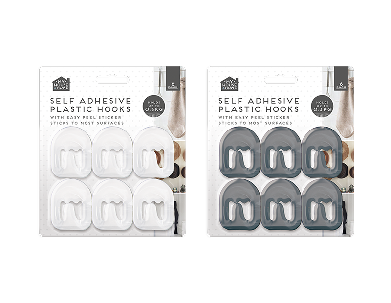 Plastic Self-Adhesive Hooks 6pk