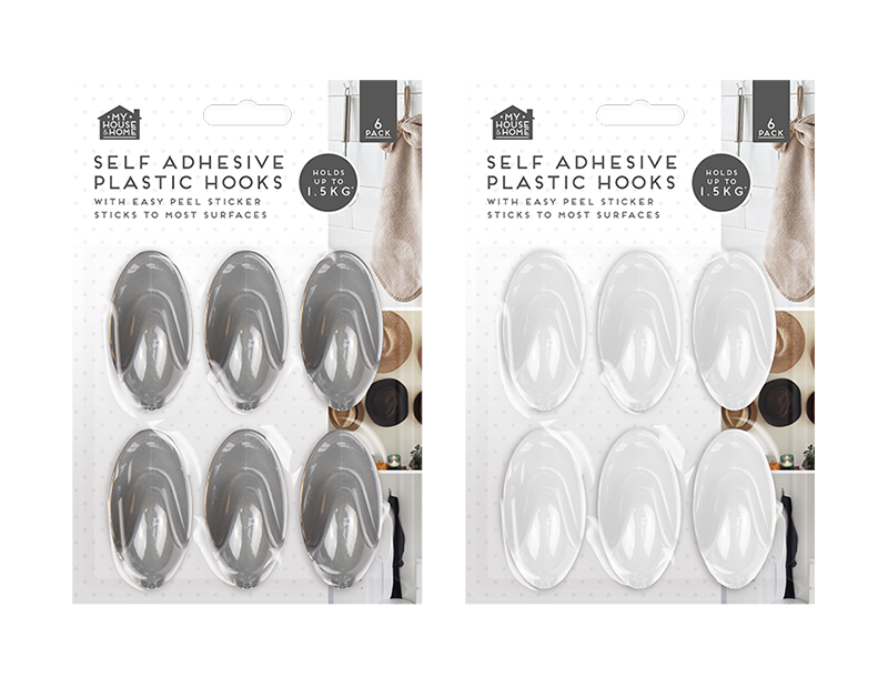 Plastic Self-Adhesive Hooks 6pk