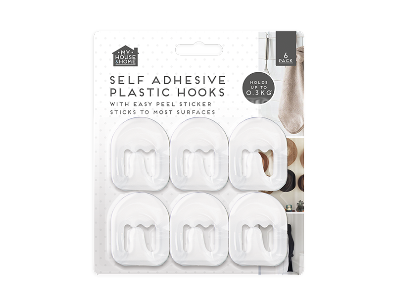 Plastic Self-Adhesive Hooks 6pk