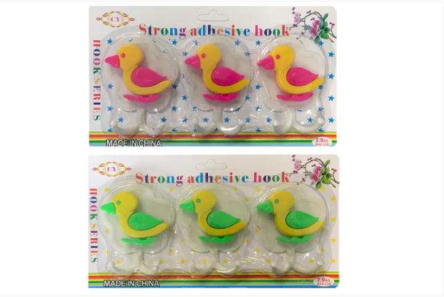 Plastic Stick On Adhesive Bathroom Hooks Duck Design 3pc Assorted Colours