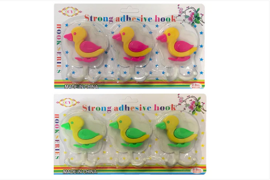 Plastic Stick On Adhesive Bathroom Hooks Duck Design 3pc Assorted Colours