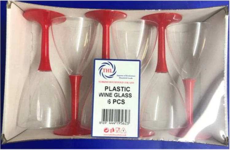 Plastic Wine Glasses with Red Stem Handle 15 x 7 cm