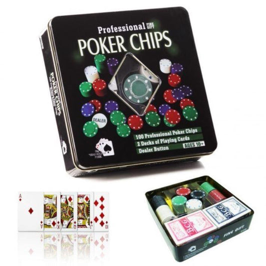 Professional Poker Chips 2 Decks Playing Cards 100 Poker Chips & Dealer Button