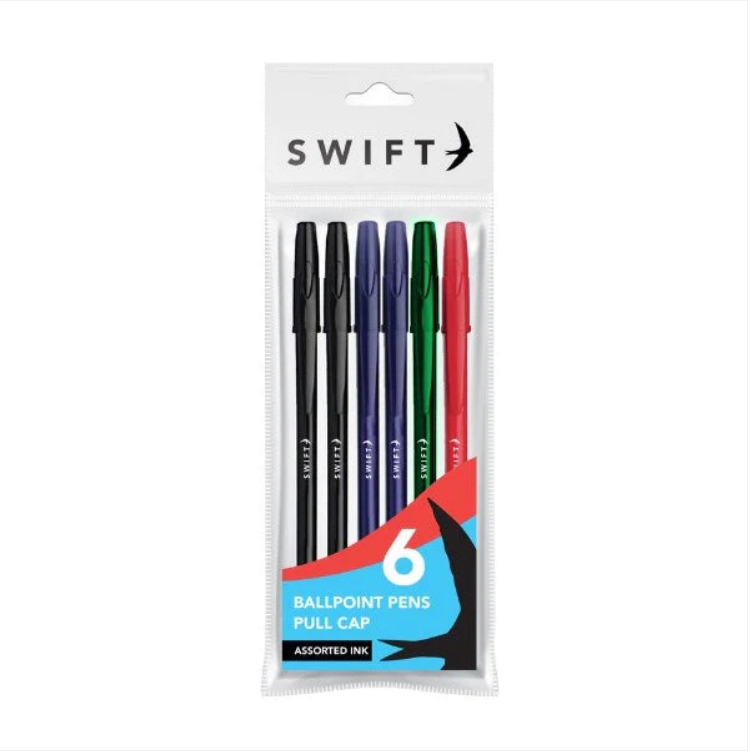 Pull Cap Ballpoint Pens 6pk Assorted