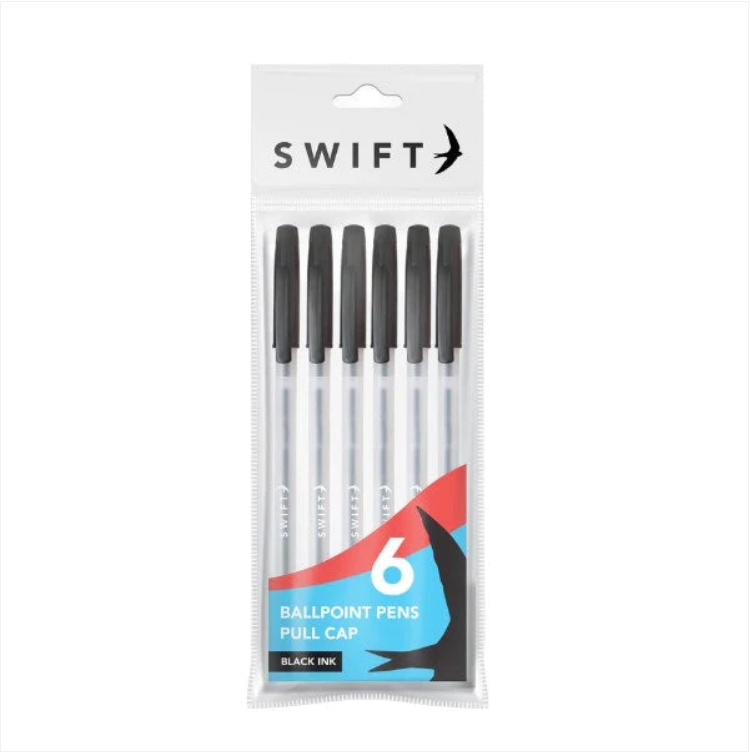 Pull Cap Ballpoint Pens 6pk Black Ink