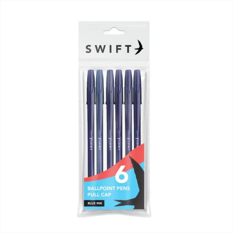 Pull Cap Ballpoint Pens 6pk Blue