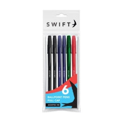 Pull Cap Ballpoint Pens 6pk, Assorted