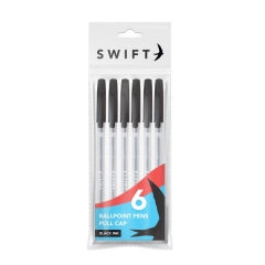 Pull Cap Ballpoint Pens, 6pk Black