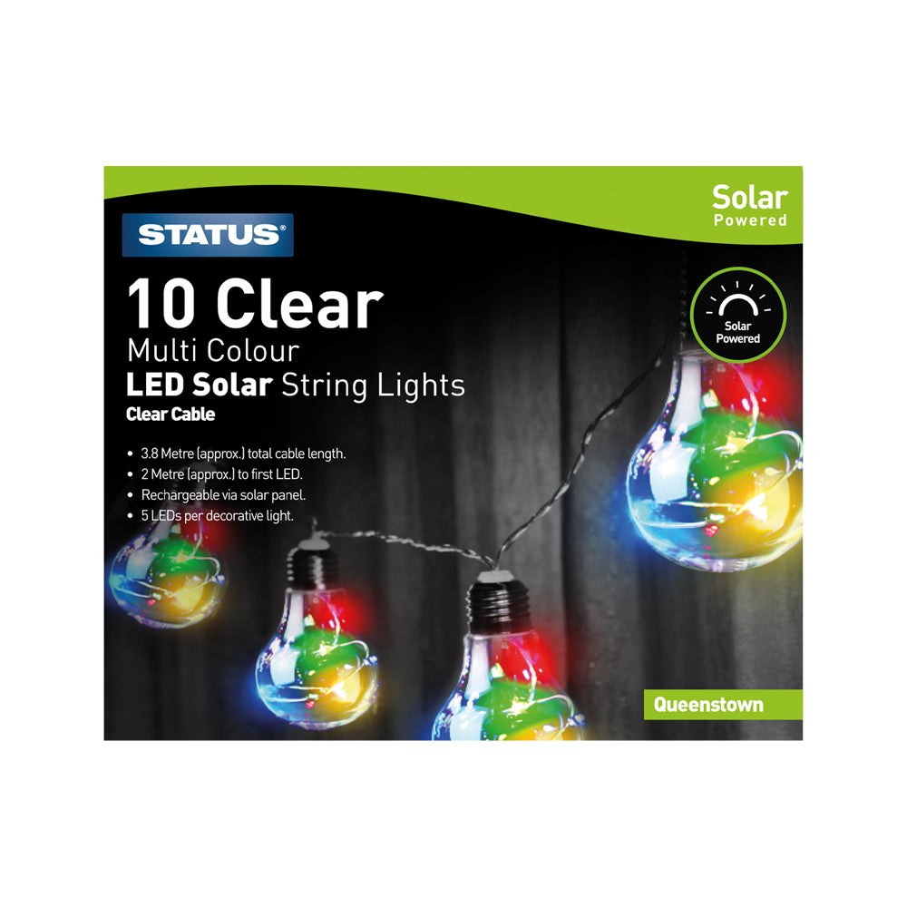 Queenstown - 10 Clear - Multi Colour - LED -  Solar - String Light Bulbs - 2 Functions -  5 LED s Per Light Bulb - Black Cable - 3.8 Metres Total Cable Length - 2 Metres To First LED Bulb - Rechargeable Battery Included - IP44- 1 Pack Glossy Box