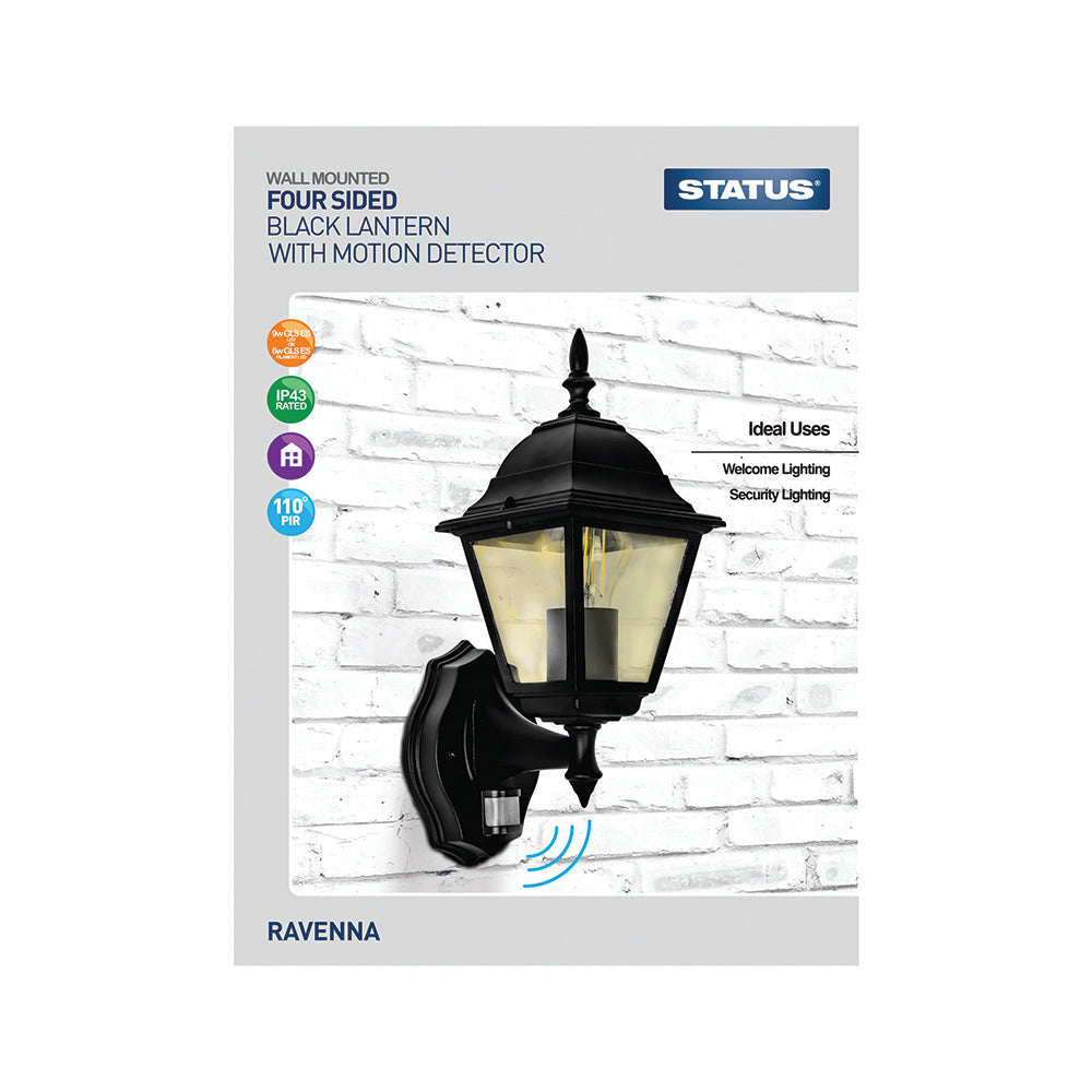 Ravenna - 12w CFL / 42w Halogen E27 - Black - 4 sided Lantern with PIR (bulb not included) - 1 pk - in Glossy Retail Box