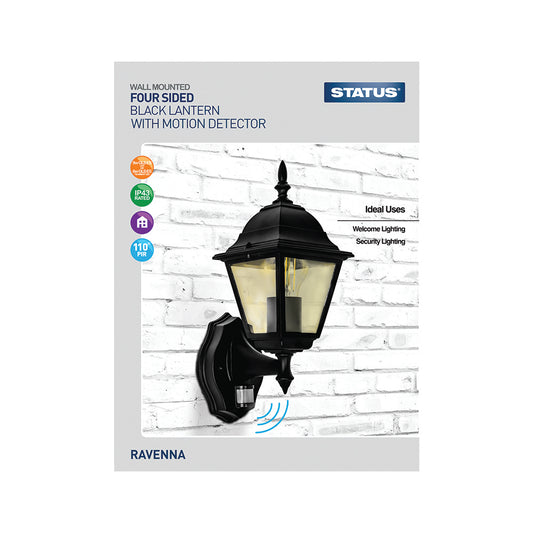 Ravenna - 12w CFL / 42w Halogen E27 - Black - 4 sided Lantern with PIR (bulb not included) - 1 pk - in Glossy Retail Box