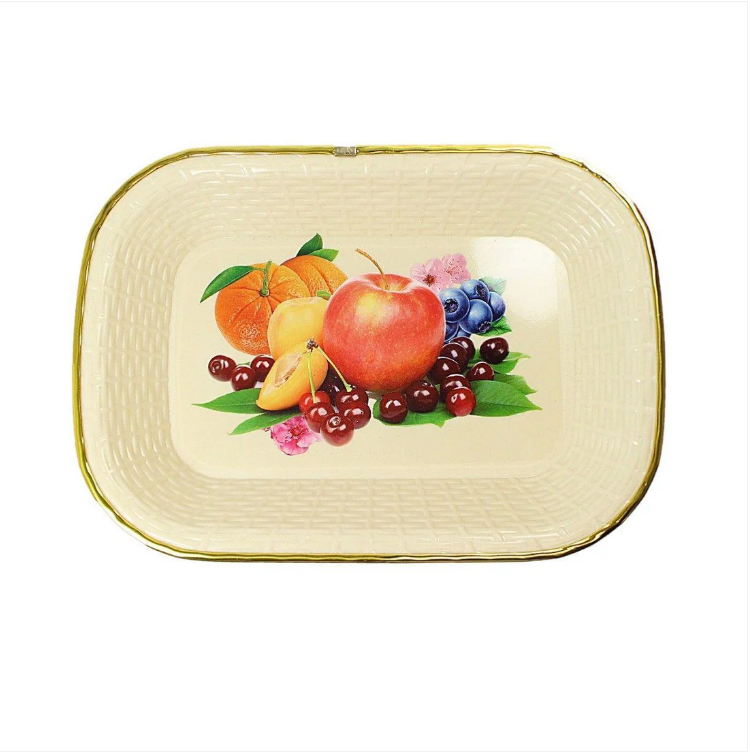 Rectangle Plastic Kitchen Plate Rattan Style Floral Print 32cm x 22cm