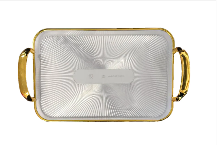 Rectangular Clear Plastic Serving Tray with Gold Rim and Handles 22 x 32 cm