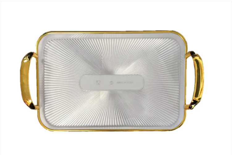 Rectangular Clear Plastic Serving Tray with Gold Rim and Handles 26 x 38 cm