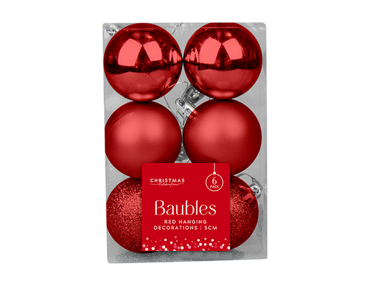 Red Assorted Baubles 5cm Dia - 6pk