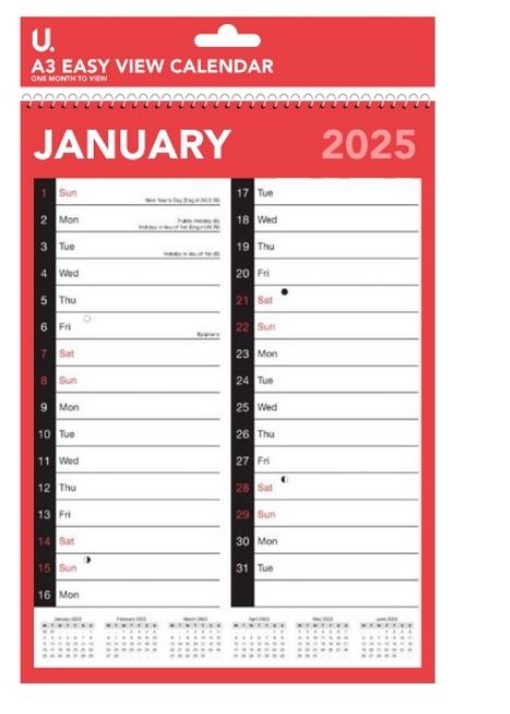 Red & Black A3 Easy View Calendar