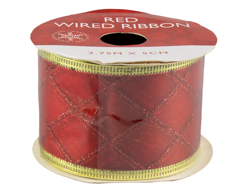 Red Christmas Wired Ribbon 5cm x 2.75m (With PDQ)