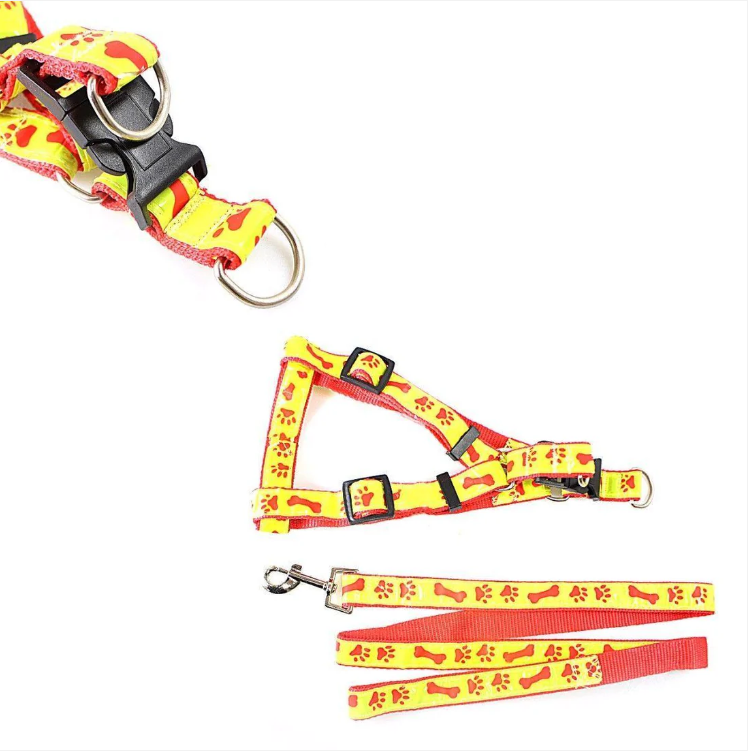 Reflective Dog Leash lead with Harness Printed Paw and Bone Design 85 cm