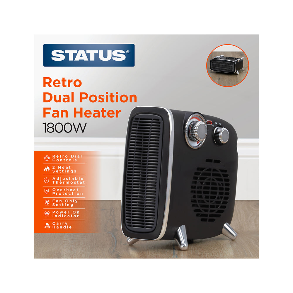 Retro Dual Position Fan Heater - 1800w - Black and Chrome - 2 Heat Settings - with Adjustable Thermostat - 1 pk - in Glossy Retail Box - 6pks per Outer Case