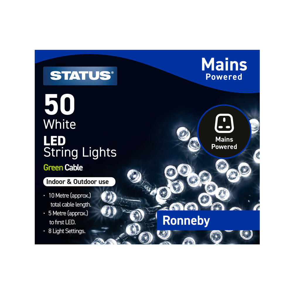 Ronneby - 50 - Cool White - LED - Indoor/Outdoor - Mains Powered - String Lights - 8 Functions - Green Cable - 10 Metre Total Cable Length - 5 Metres To First LED Light - IP44 (Light Chain Only) - 1 Pack Glossy Box