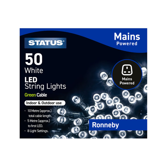 Ronneby - 50 - Cool White - LED - Indoor/Outdoor - Mains Powered - String Lights - 8 Functions - Green Cable - 10 Metre Total Cable Length - 5 Metres To First LED Light - IP44 (Light Chain Only) - 1 Pack Glossy Box
