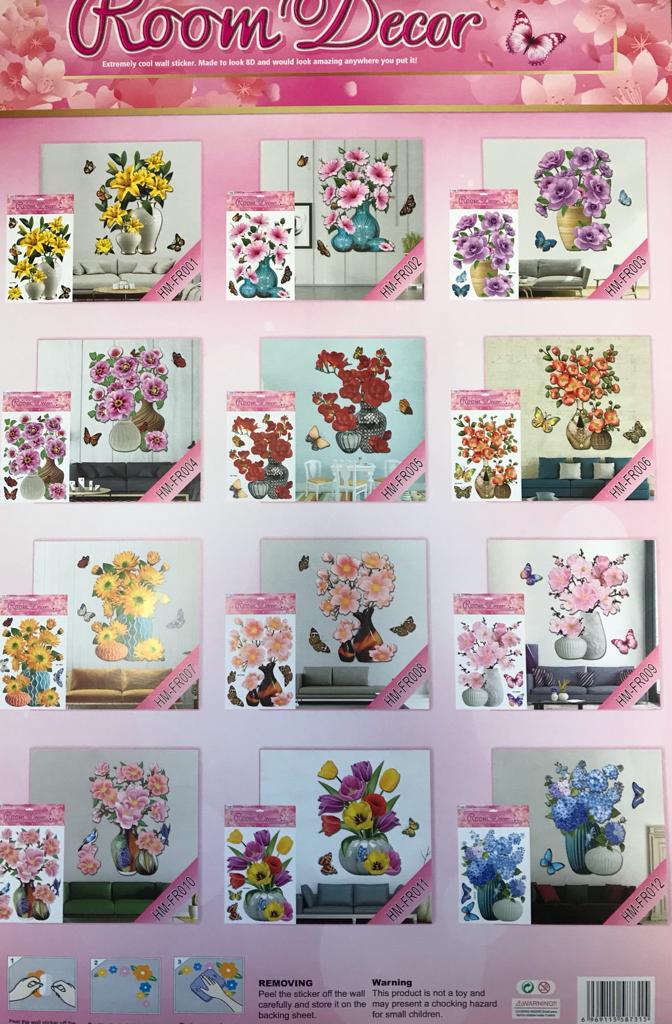 Room Decor 3D Effect Wall Stickers Flowers Vase Design 49 x 30 cm Assorted Designs and Colours