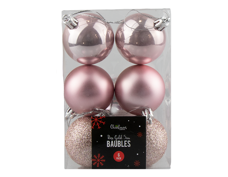 Rose Gold Assorted Baubles 5cm Dia - 6pk