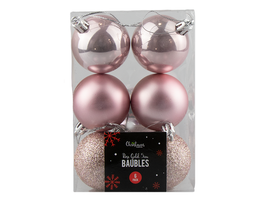 Rose Gold Assorted Baubles 5cm Dia - 6pk