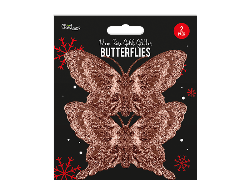 Rose Gold Glitter Butterfly Decoration 2pk