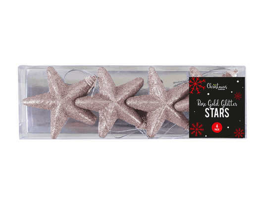 Rose Gold Glittered Star Christmas Tree Decorations - 4 Pack