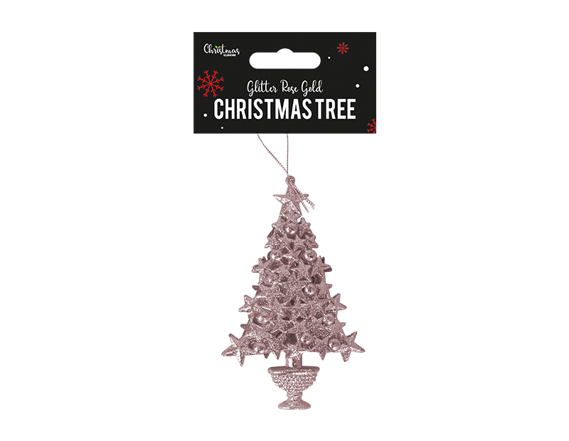 Rose Gold Glittered Xmas Tree Decoration 16cm x 10cm x 3cm