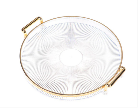 Round Clear Plastic Serving Tray with Gold Rim and Handles 28 cm