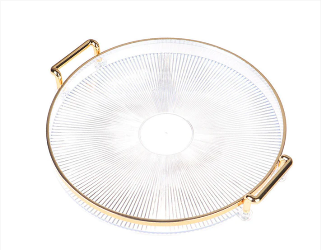 Round Clear Plastic Serving Tray with Gold Rim and Handles 32 cm