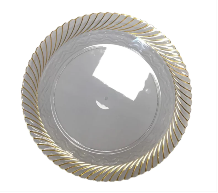 Round Clear Plastic Serving Tray with Golden Rim 35 cm