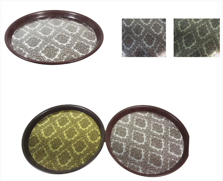 Round Plastic Serving Tray Bar Drinks Tray With Gold And Silver Print Design 27cm